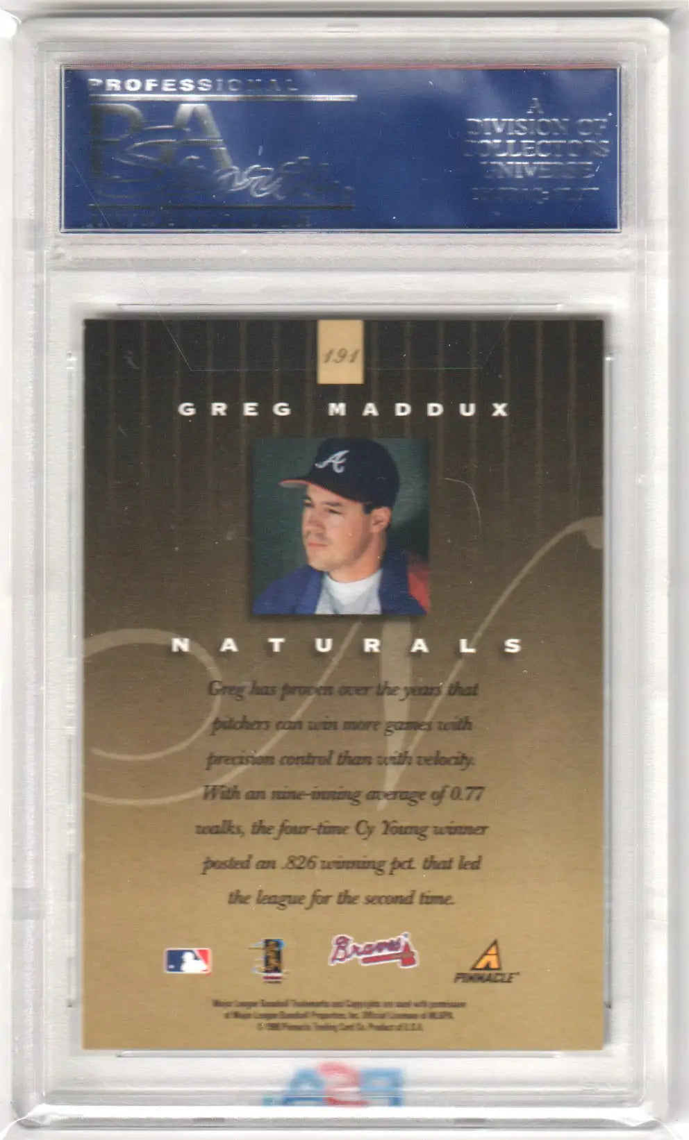 Greg Maddux baseball card from Pinnacle Plus 1998 gem mint Braves Columbia Hobby