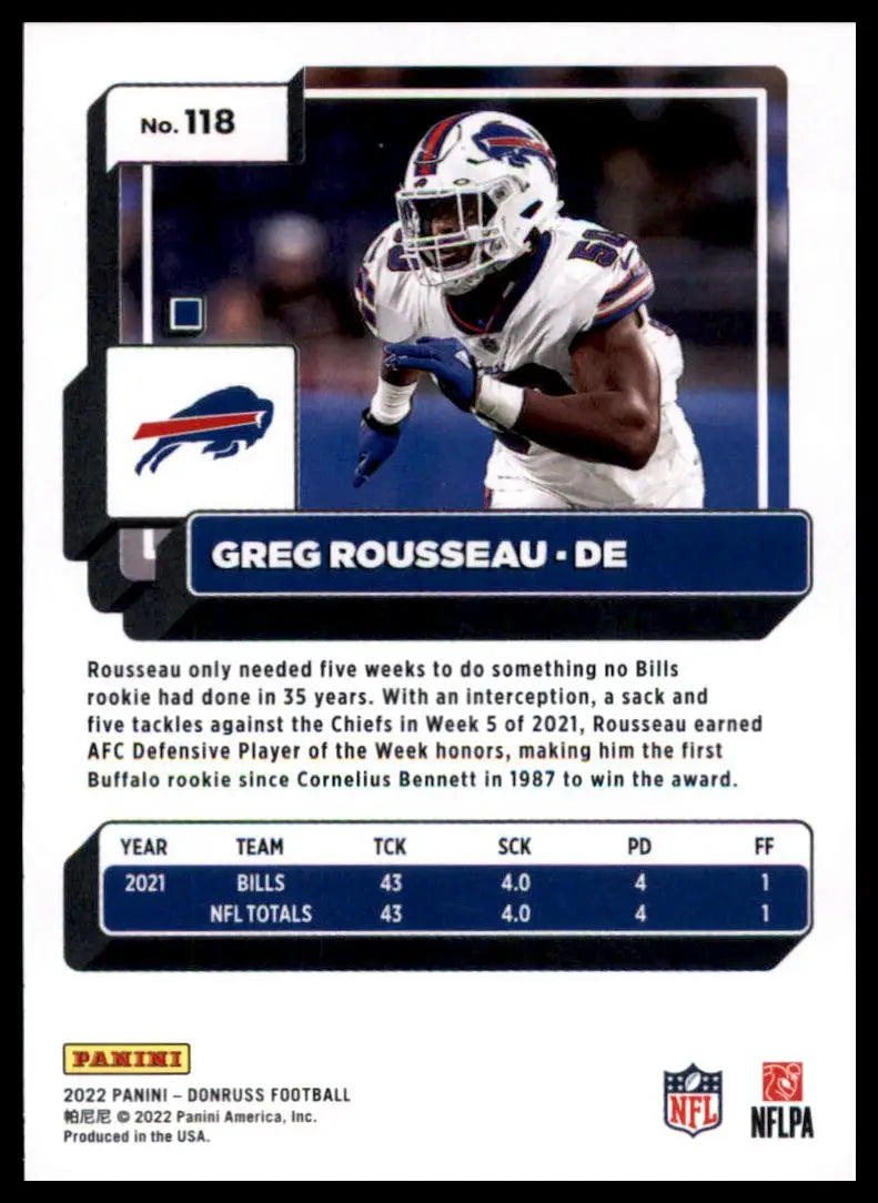 Greg Rousseau football card from 2022 Donruss Buffalo Bills series