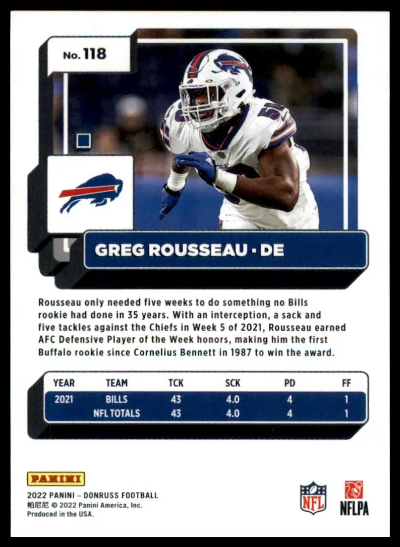 Greg Rousseau football card from 2022 Donruss Buffalo Bills product display