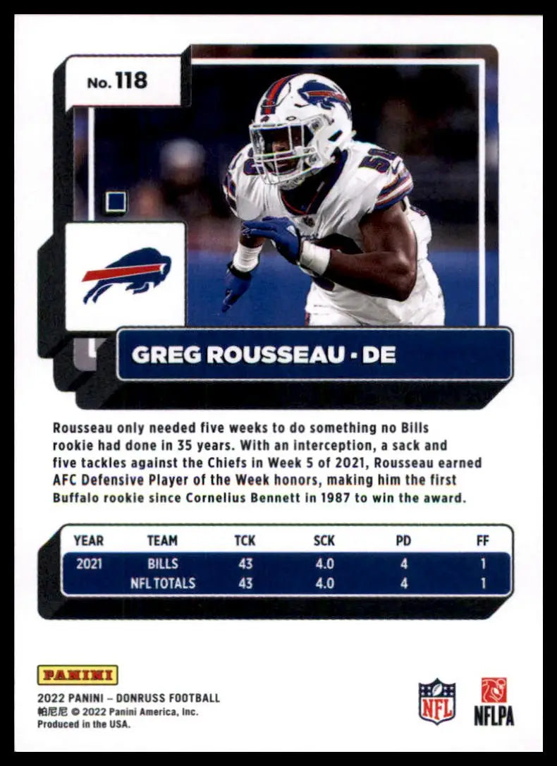 Greg Rousseau football card from 2022 Donruss Buffalo Bills collectible