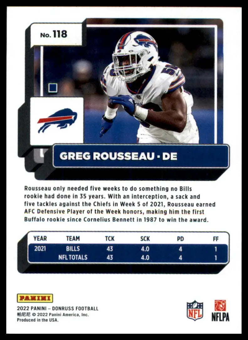 Greg Rousseau football card from 2022 Donruss Buffalo Bills collection
