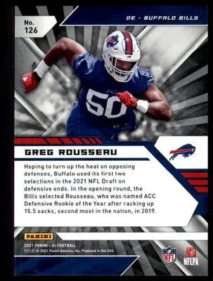 Greg Rousseau football card from 2021 Panini XR Blue Buffalo Bills limited edition