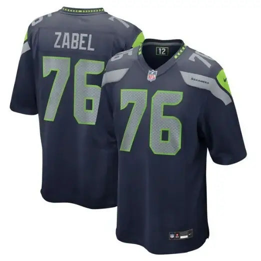 Navy blue and lime green Seattle Seahawks Zabel #76 football jersey displayed in Nike College Navy jersey