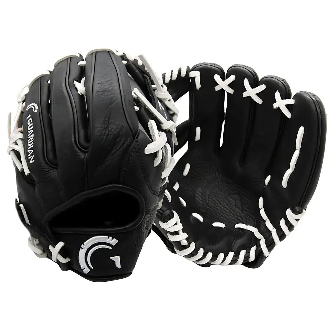 Guardian Game Ready black leather baseball gloves with white stitching for right and left throw