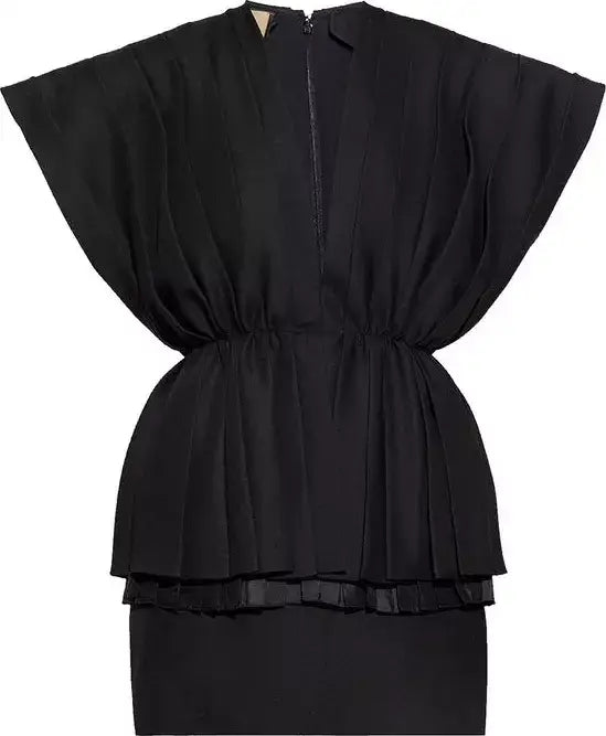 GUCCI black pleated mini dress with slip pockets, dolman sleeves, and zippered front