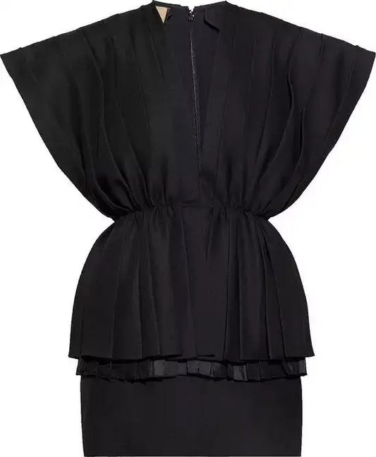 GUCCI black pleated mini dress with slip pockets, dolman sleeves, and zippered front