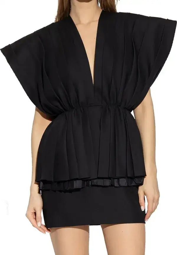 GUCCI Black Mini Dress with Slip Pockets, Deep V-Neck, Ruching, Short Sleeves