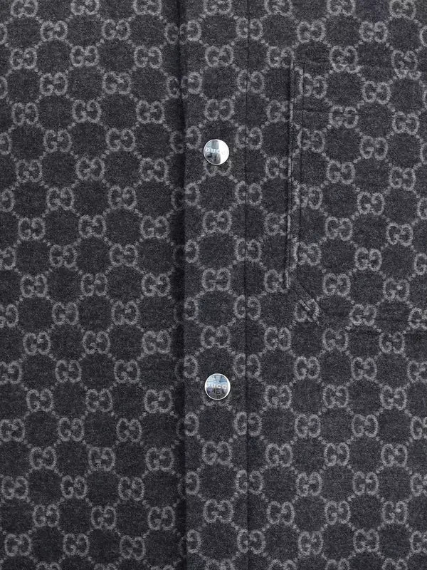 Dark gray GUCCI men’s wool jacket with light gray GG monogram and silver snap buttons