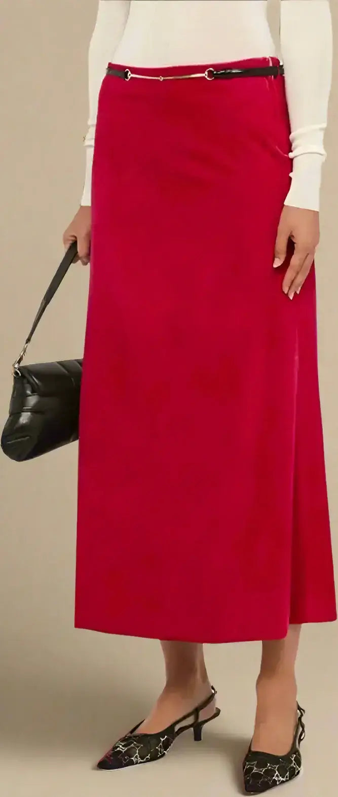 Long red velvet bloom midi skirt with removable leather belt for elegant style