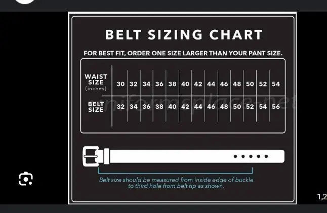 Black leather belt sizing chart with illustration showing how to measure for Guess Men’s belt