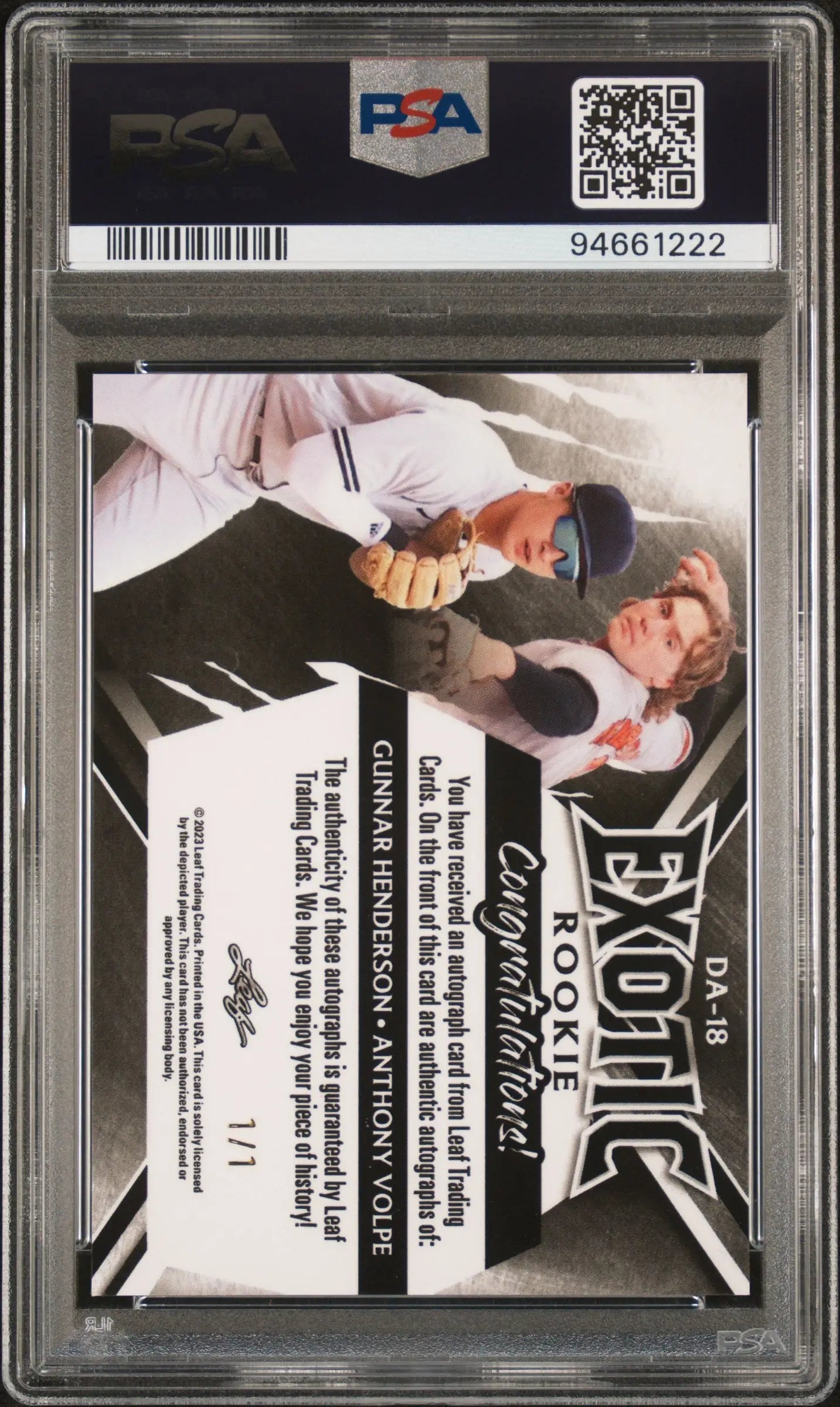 Graded baseball trading card featuring Gunnar Henderson and Anthony Volpe, Leaf Exotic Giraffe dual auto