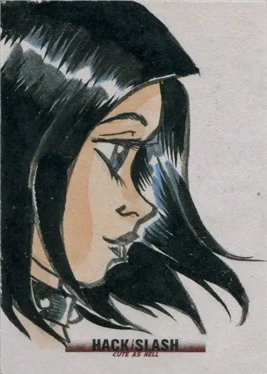 Profile portrait of a woman with dramatic eye makeup from Hack Slash Cute 5finity sketch card