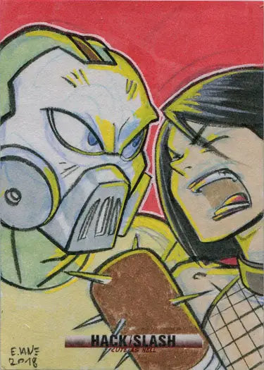 Colorful cartoon-style faces of Hack Slash characters by Eric Van Elslande on sketch card