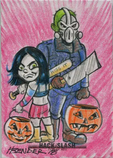 Cartoon drawing of Halloween characters and jack-o’-lanterns in Hack Slash Cute card