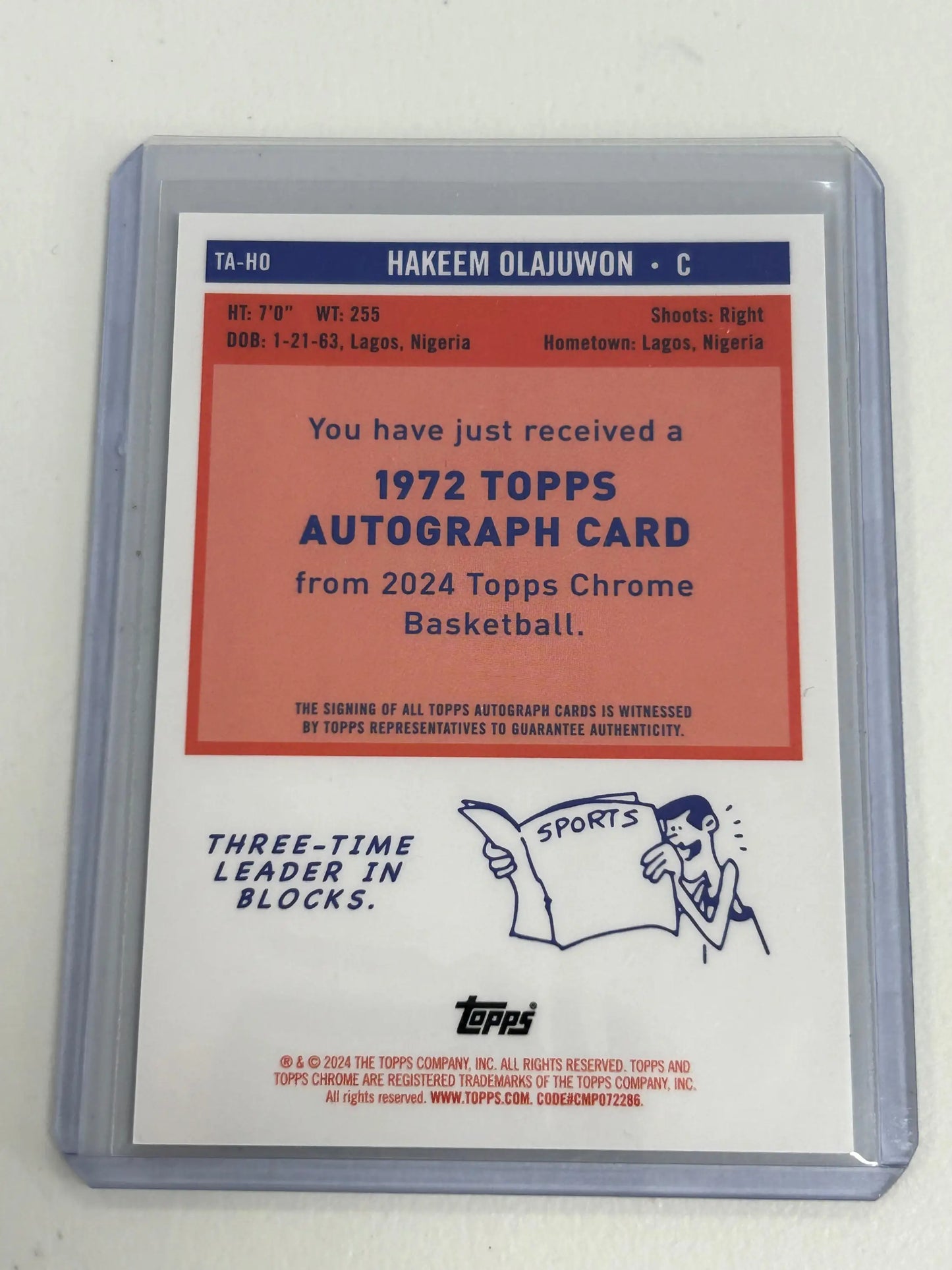 Hakeem Olajuwon 2023 Topps Chrome Gold Refractor Auto in protective card holder
