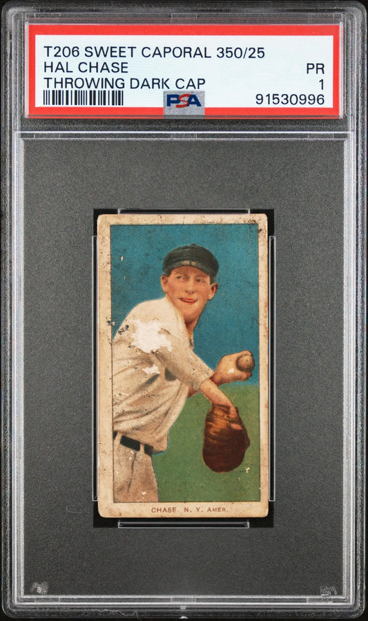 PSA-graded Hal Chase Throwing T206 Sweet Caporal baseball card in pitching pose