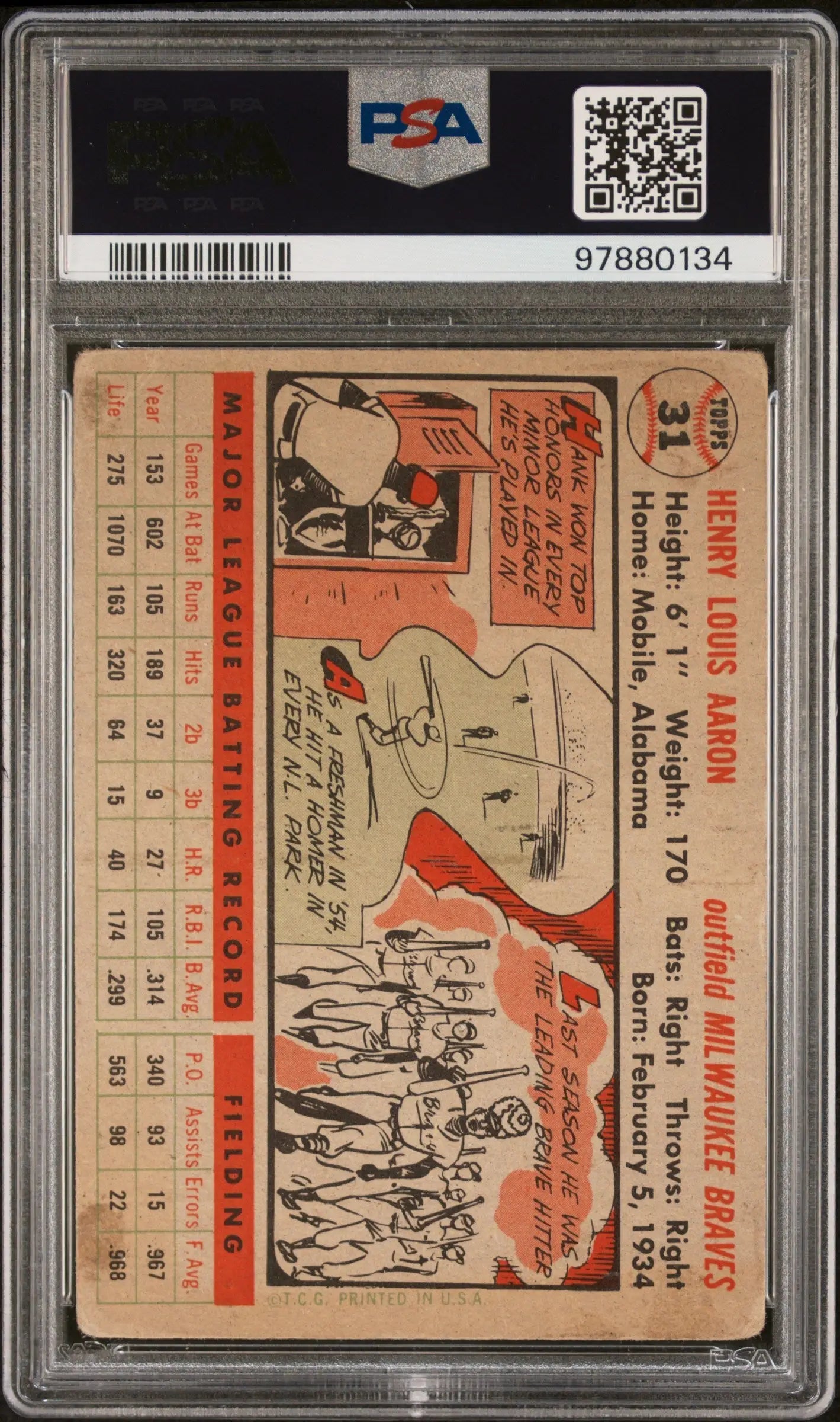 Vintage Hank Aaron 1956 Topps #31 baseball card in PSA 1.5 case with comic-style art