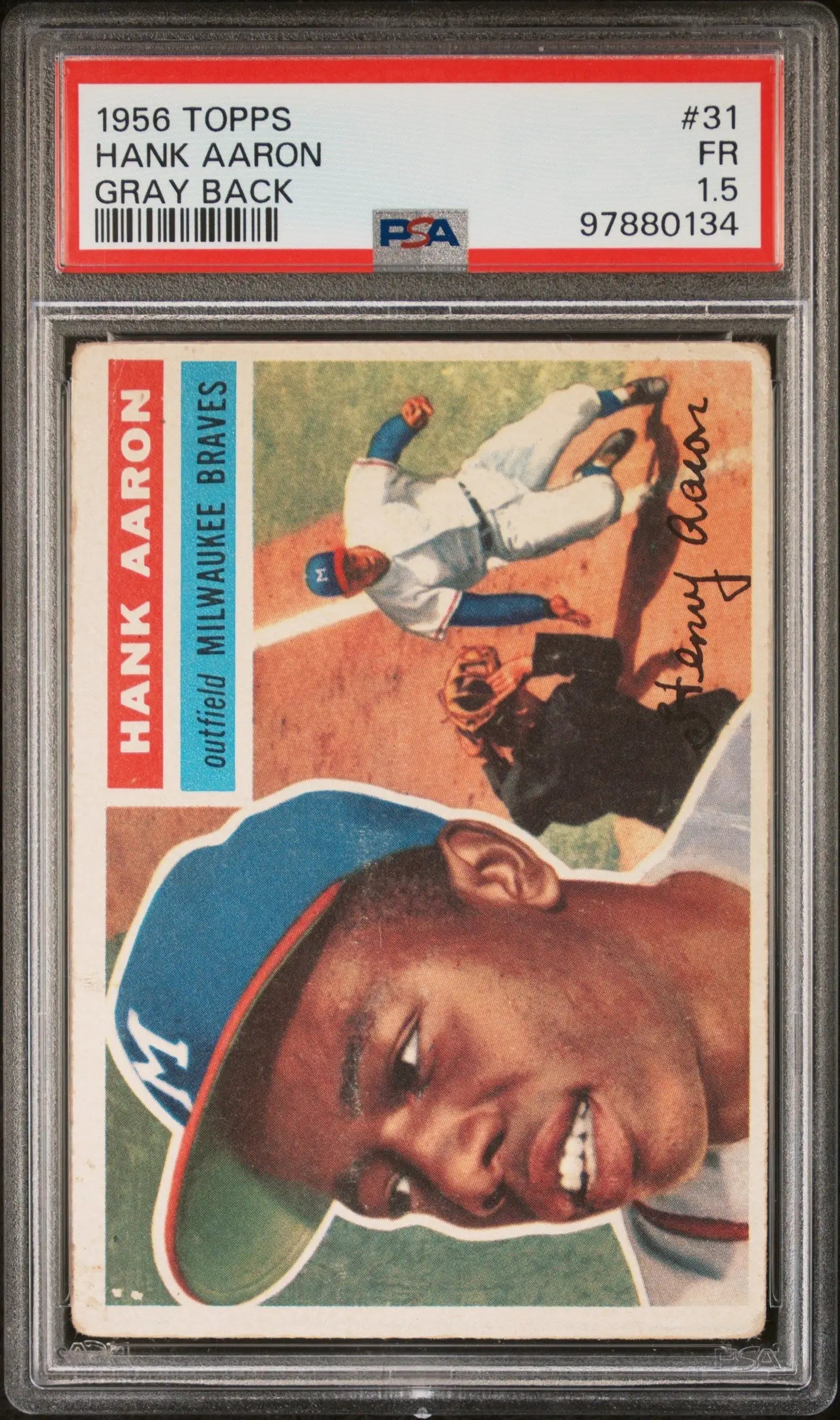 Hank Aaron 1956 Topps baseball card graded PSA 1.5 in protective holder for trading cards
