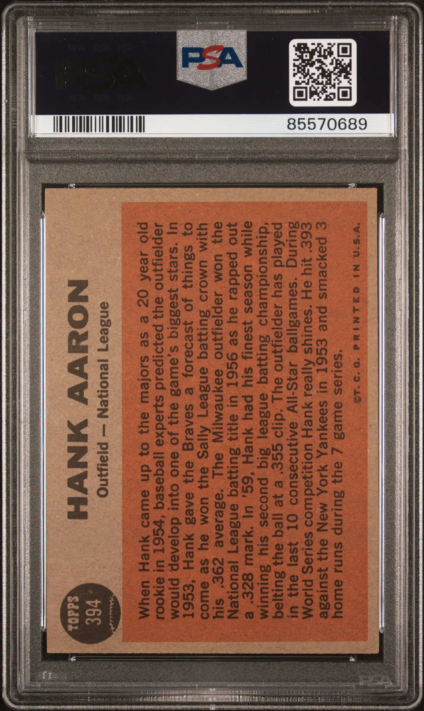 Back side of Hank Aaron 1962 Topps All-Star #394 baseball card in PSA grading case