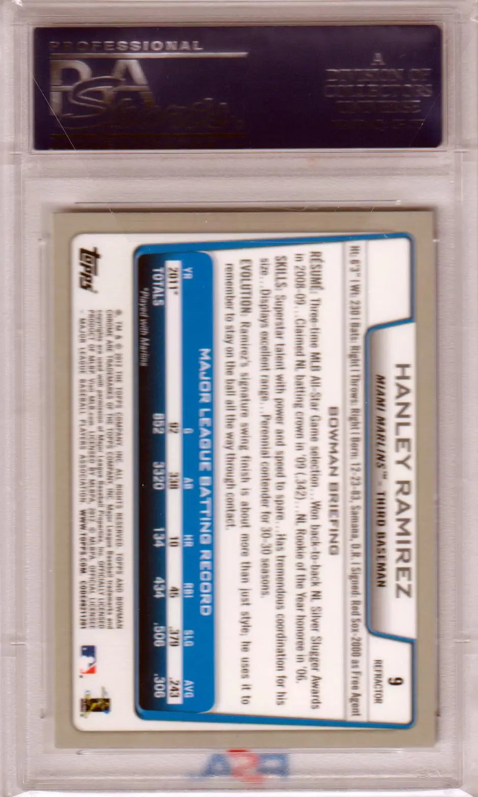 Graded Hanley Ramirez Bowman Chrome Refractor PSA 10 baseball card in display
