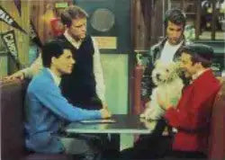 Four people enjoying time together with a small white dog near Happy Days promo card