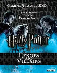 Promotional sell sheet for Harry Potter trading cards featuring Heroes & Villains imagery