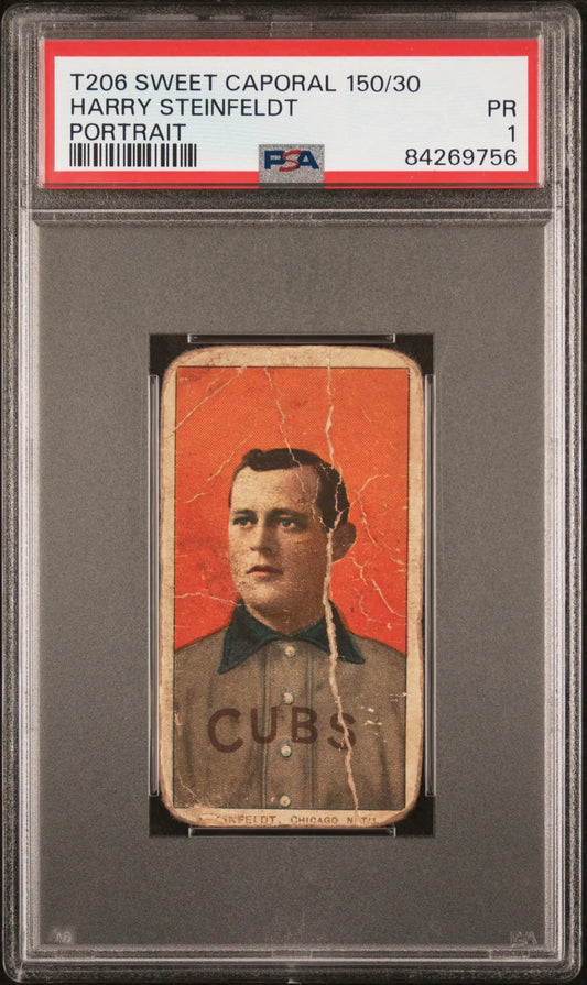 PSA-graded T206 Sweet Caporal Harry Steinfeldt baseball card in a brown uniform