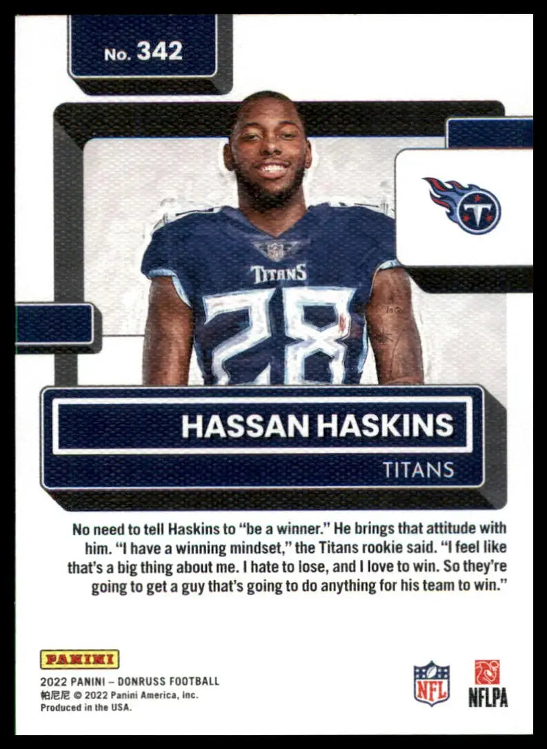 Hassan Haskins football card from 2022 Donruss Canvas series featuring Tennessee Titans