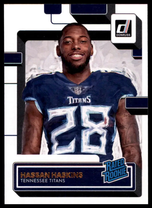 Hassan Haskins rookie card from 2022 Donruss Canvas Tennessee Titans product