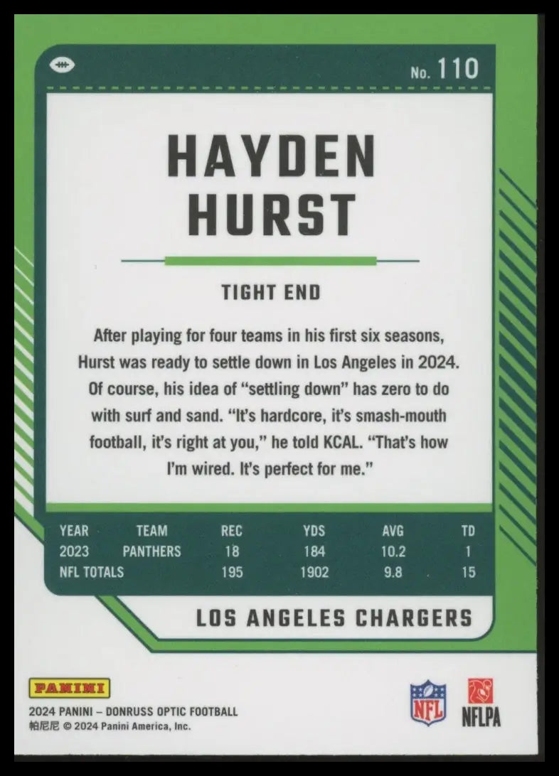 2024 Panini Donruss Optic Hayden Hurst football trading card Los Angeles Chargers