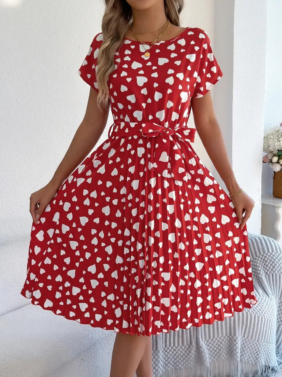 Heart Print Short Sleeve Tie Waist Dress - dress