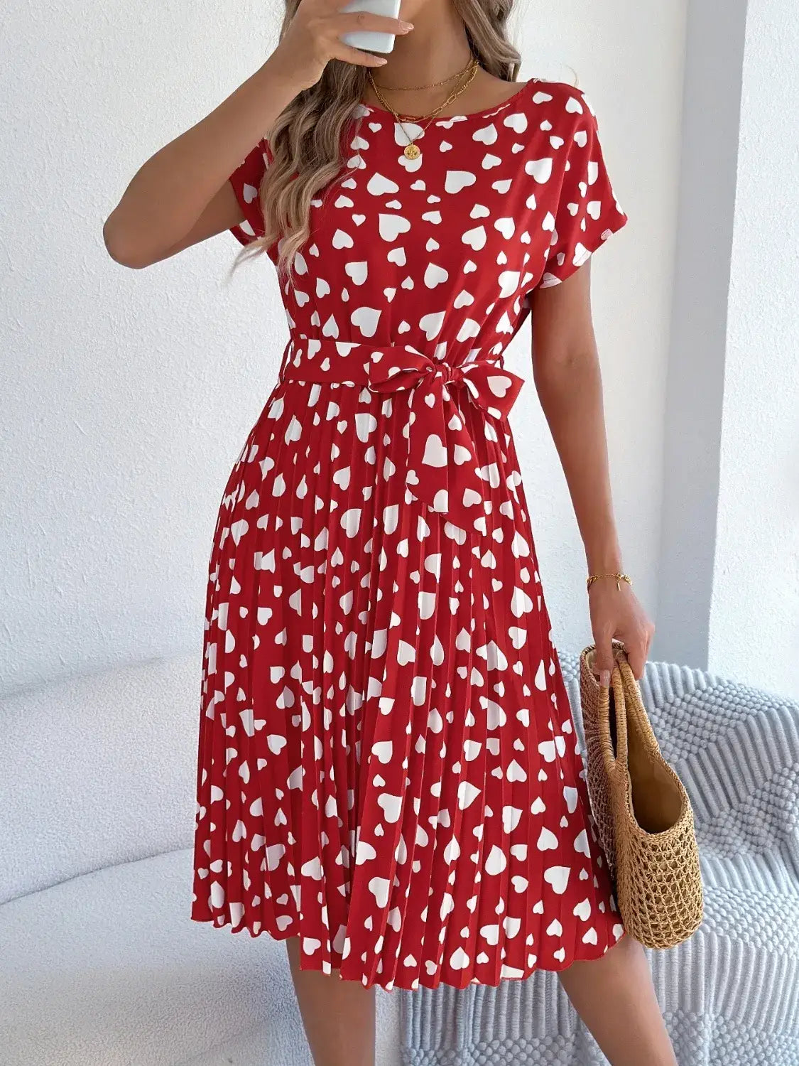Heart Print Short Sleeve Tie Waist Dress - dress