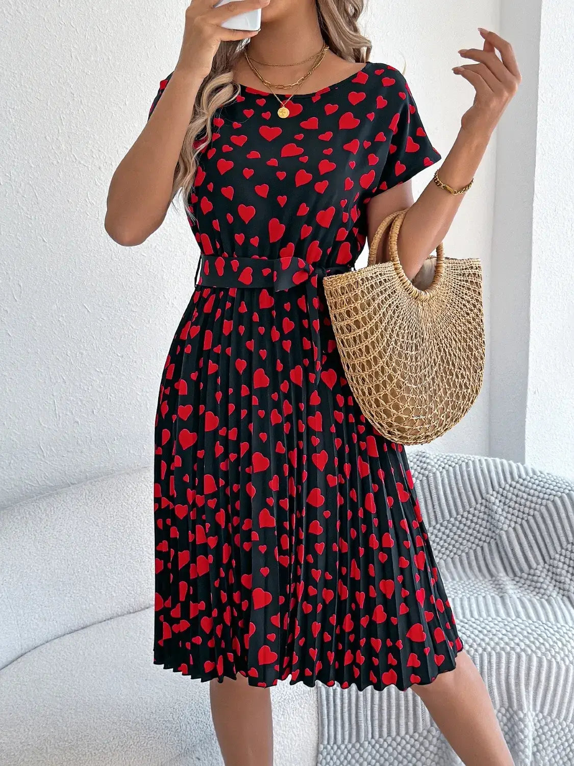 Heart Print Short Sleeve Tie Waist Dress - dress