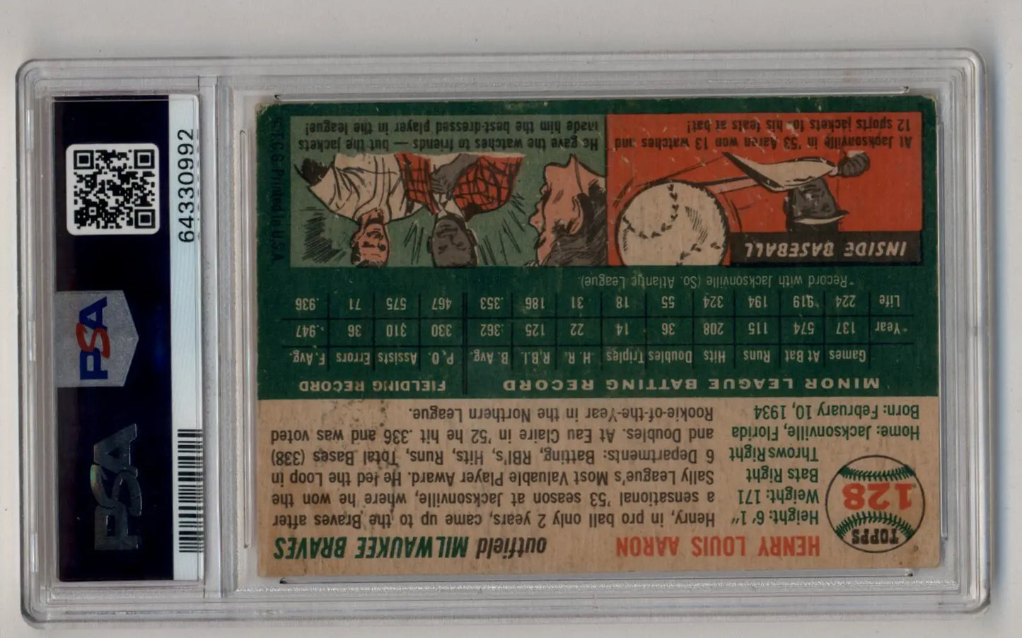 Henry Aaron 1954 Topps #128 PSA 3.5 baseball card in protective holder with authentication label