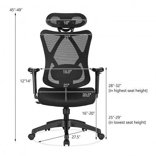 High Back Mesh Executive Chair with Adjustable Lumbar Support - Color:Black - Ergonomic Chairs