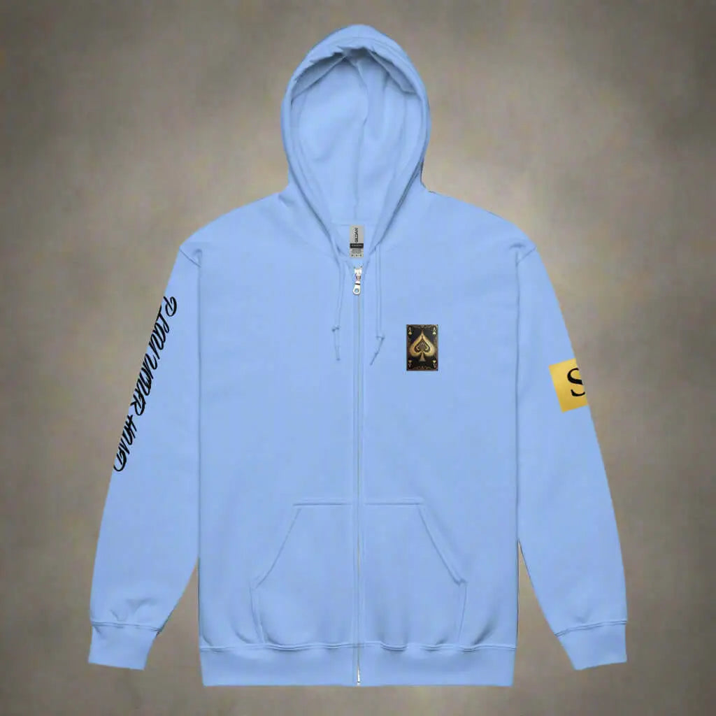 Light blue high stakes zip hoodie with spade graphic and text on sleeve for unisex style