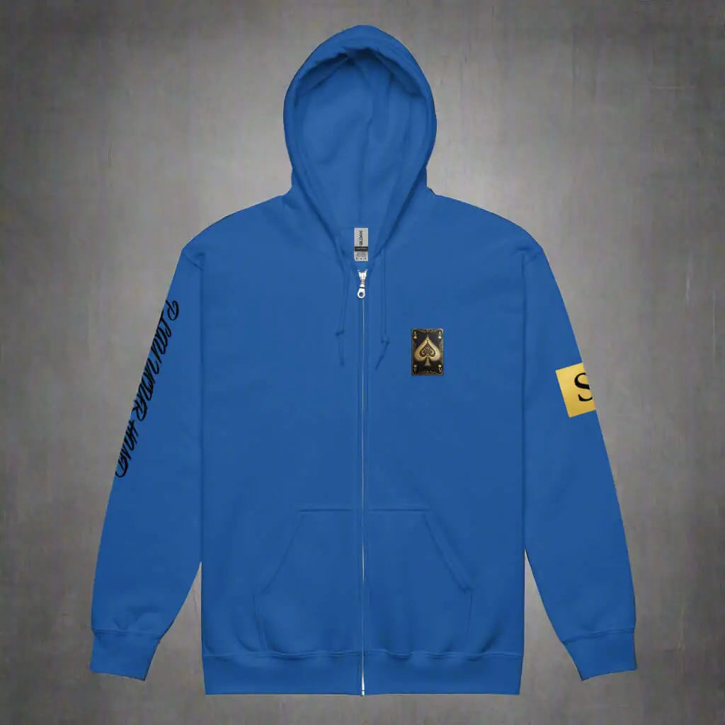 Blue high stakes zip hoodie with spade card patch and text on sleeve for unisex style