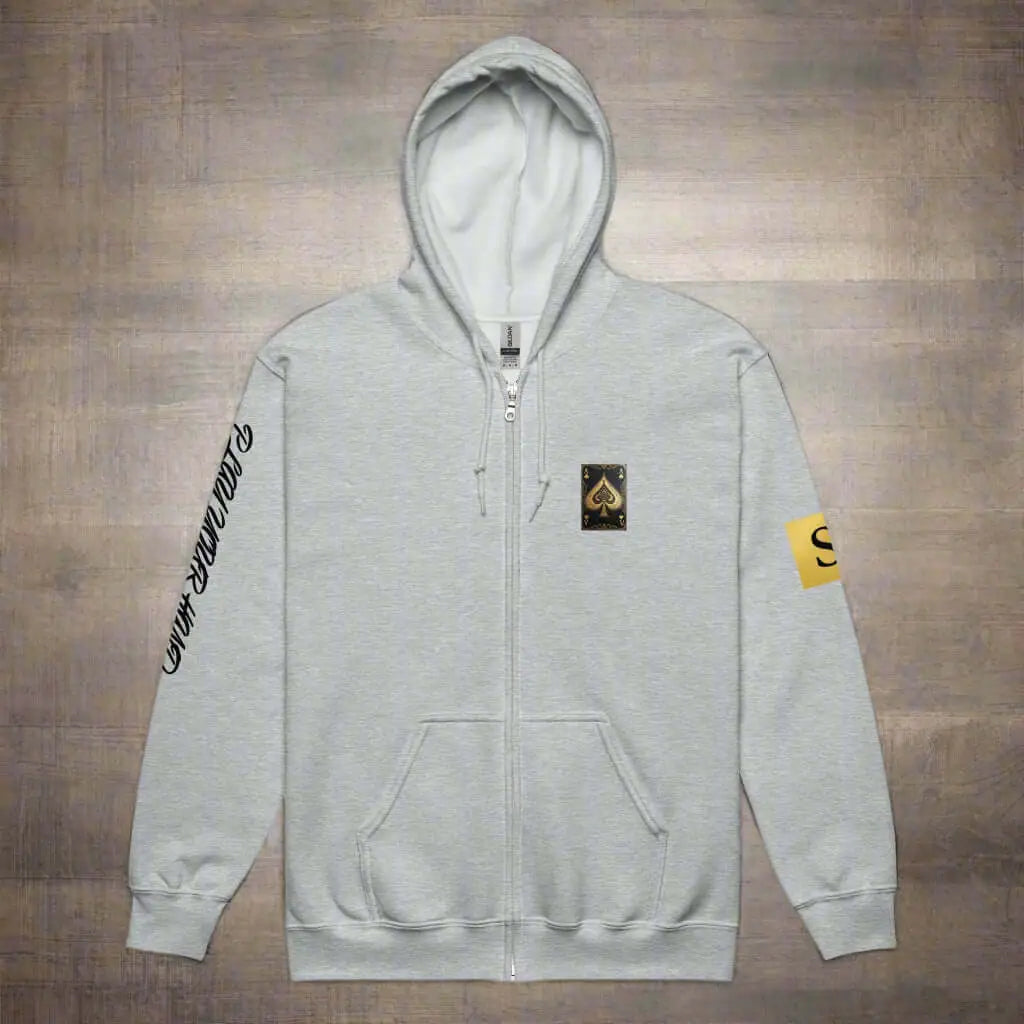 Light gray high stakes zip hoodie with black ace of spades patch and PLAY YOUR HAND text