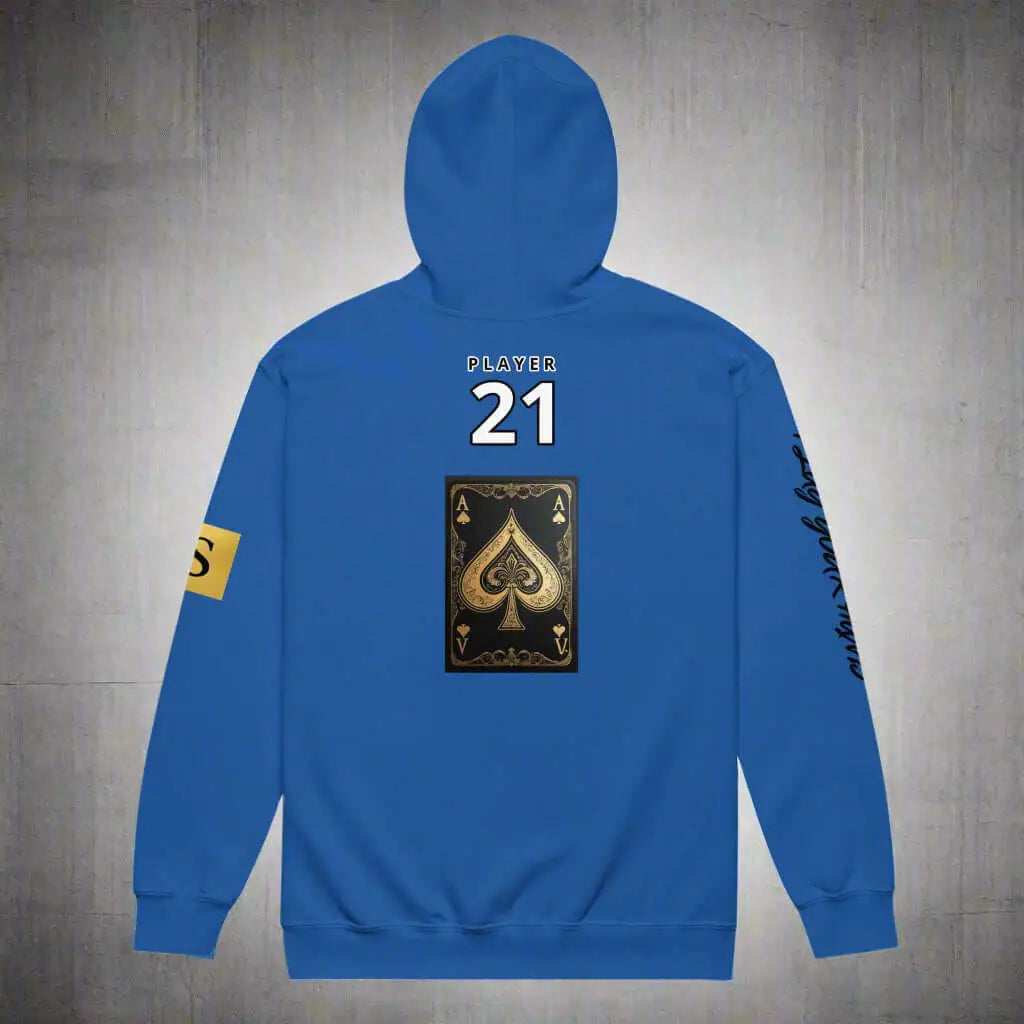 Blue high stakes zip hoodie with ace of spades design on back unisex heavy blend