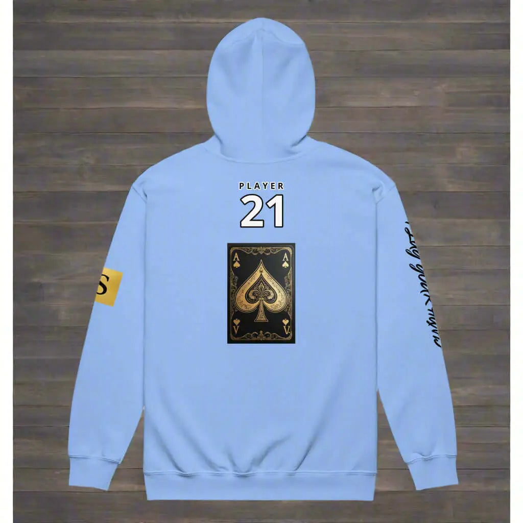 Light blue high stakes zip hoodie with playing card design unisex heavy blend sweatshirt