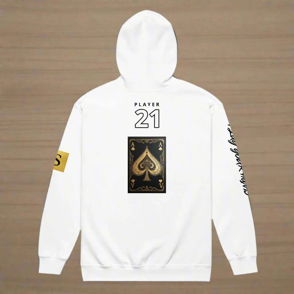 White hooded sweatshirt with playing card design, HIGH STAKES zip hoodie, unisex heavy blend