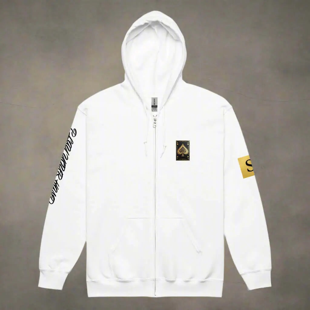 White high stakes zip hoodie with playing card graphic and gold patch for unisex heavy blend