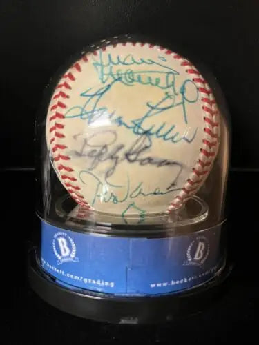Signed HOF Auto Baseball in display case featuring Koufax, Lyons, Grimes, Carew, Kaline, Snider, Killebrew