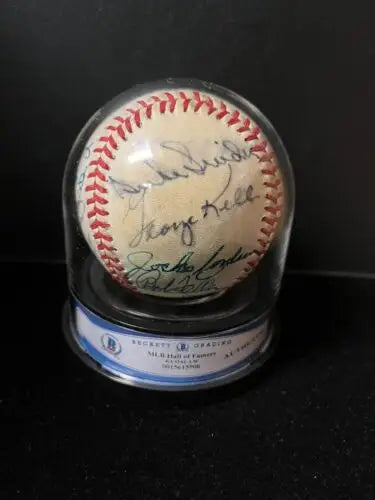 Signed Hof Auto Baseball in display case featuring Koufax, Lyons, Grimes, Carew, Kaline, Snider, Killebrew