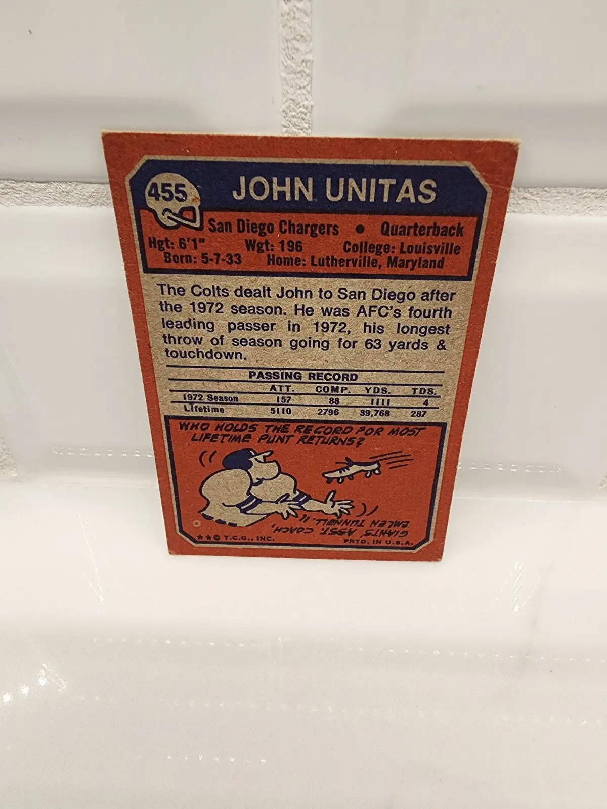 Vintage John Unitas football card from HOF San Diego Chargers 1973 Topps #455 EX
