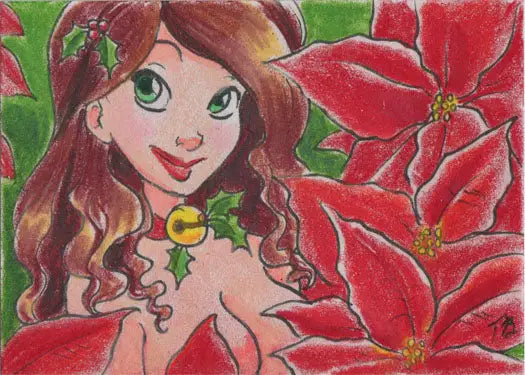 Cartoon-style sketch card of a young woman by Tracy Bailey with red poinsettias