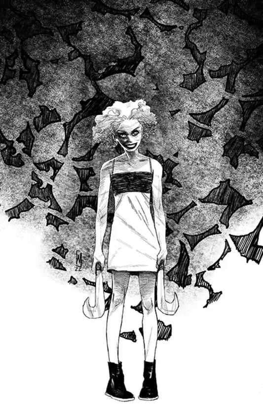Stylized black and white illustration of a woman for House Of Slaughter collectible trading cards