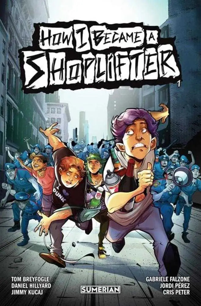 Comic book cover How I Became a Shoplifter with cartoon characters in urban setting