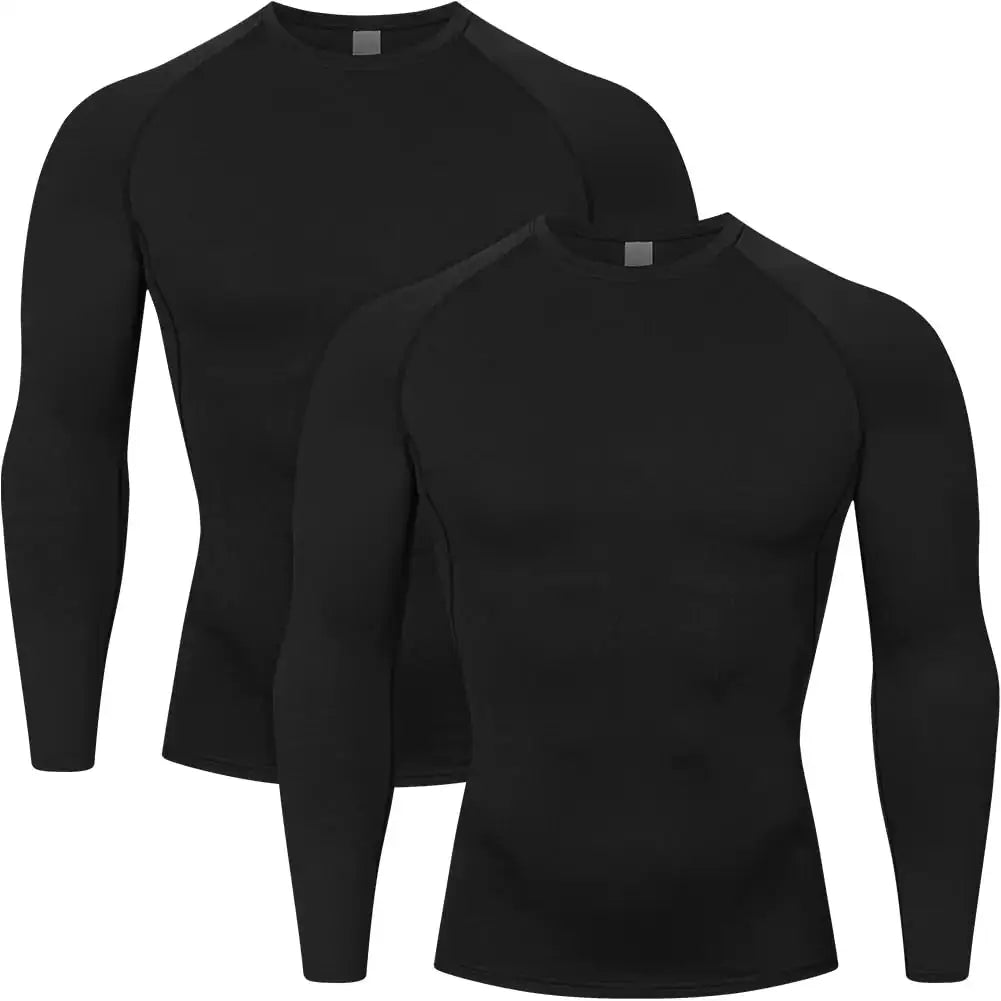 Two black HYCOPROT compression shirts, ideal workout rash guard and base layer