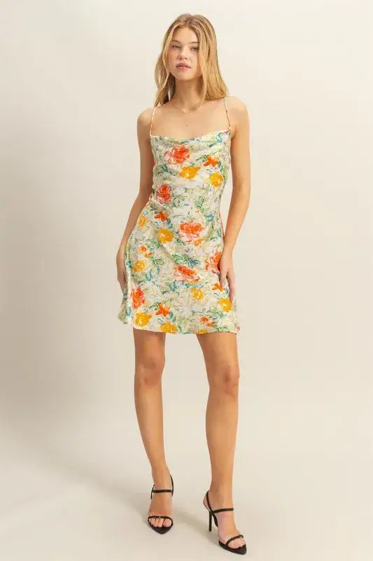 HYFVE Floral Cowl Neck Flirty Satin Mini Dress with delicate floral print and thin straps
